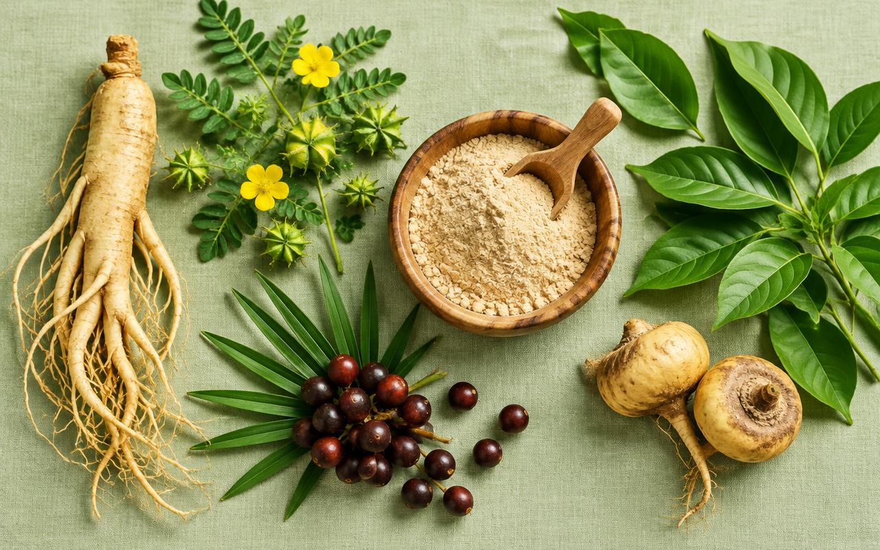 Botanicals often used in men's wellness formulas: ginseng, tribulus, maca and saw palmetto